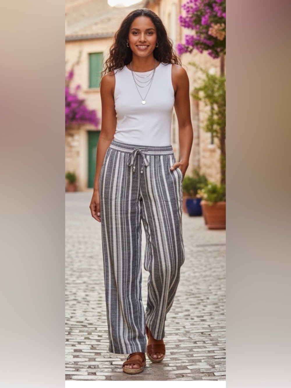 Ellen Tracy Black and White Wide Leg Striped Trousers